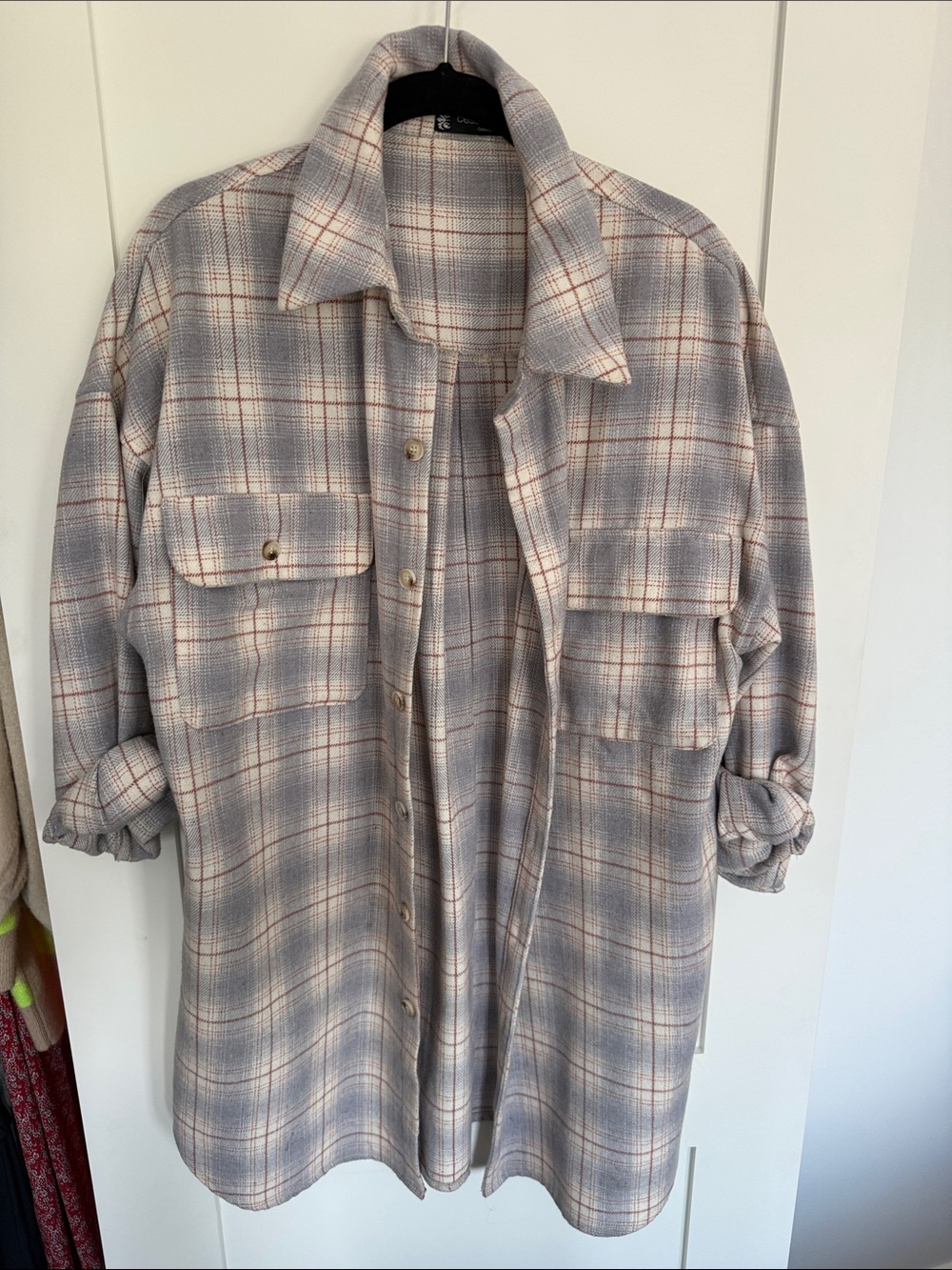 Plaid Button-Up Shacket in Grey and Cream
